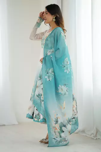 Blue White Ombre Anarkali Dress with Dupatta