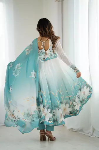 Blue White Ombre Anarkali Dress with Dupatta