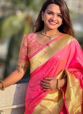 rani pink maharastrian paithani silk blend saree 1