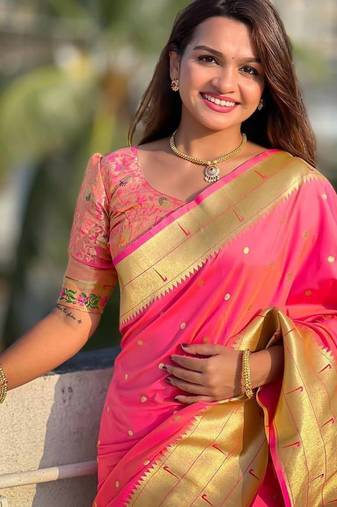 rani pink maharastrian paithani silk blend saree
