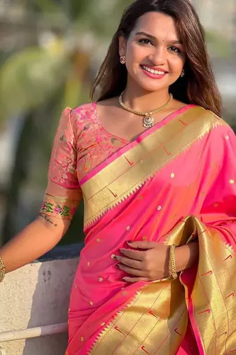 rani pink maharastrian paithani silk blend saree