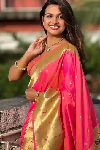 rani pink maharastrian paithani silk blend saree