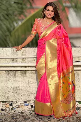 rani pink maharastrian paithani silk blend saree