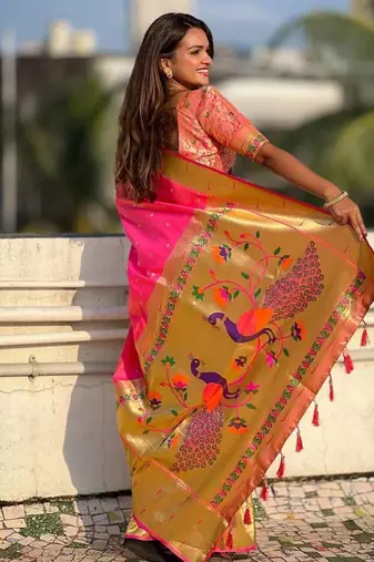 rani pink maharastrian paithani silk blend saree