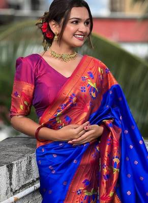 navy blue paithani silk blend saree 1