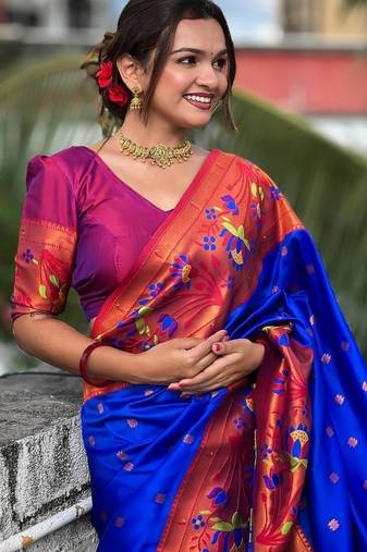 navy blue paithani silk blend saree
