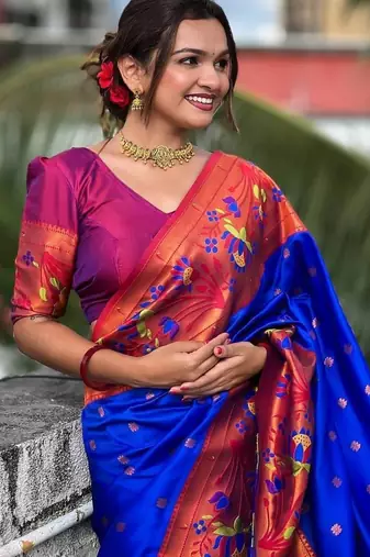 navy blue paithani silk blend saree