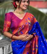 navy blue paithani silk blend saree
