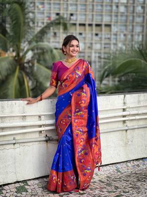navy blue paithani silk blend saree 2
