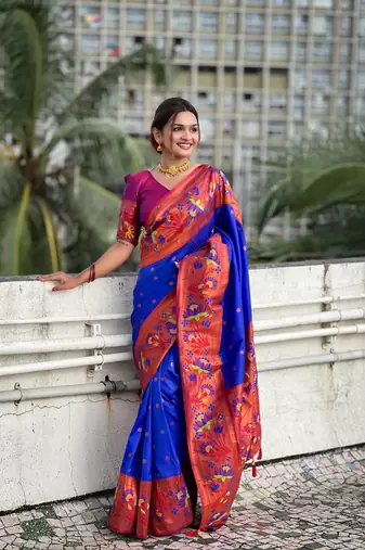 navy blue paithani silk blend saree
