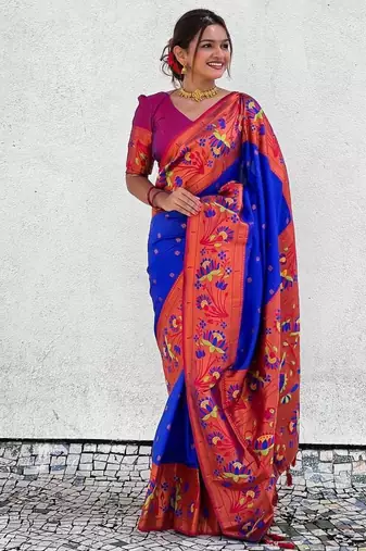 navy blue paithani silk blend saree