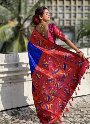 navy blue paithani silk blend saree 4