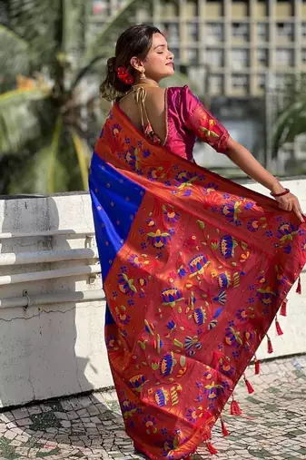 navy blue paithani silk blend saree