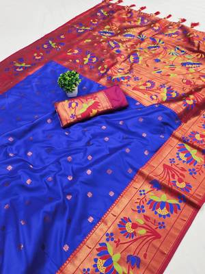 navy blue paithani silk blend saree 5