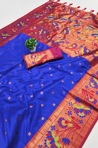 navy blue paithani silk blend saree