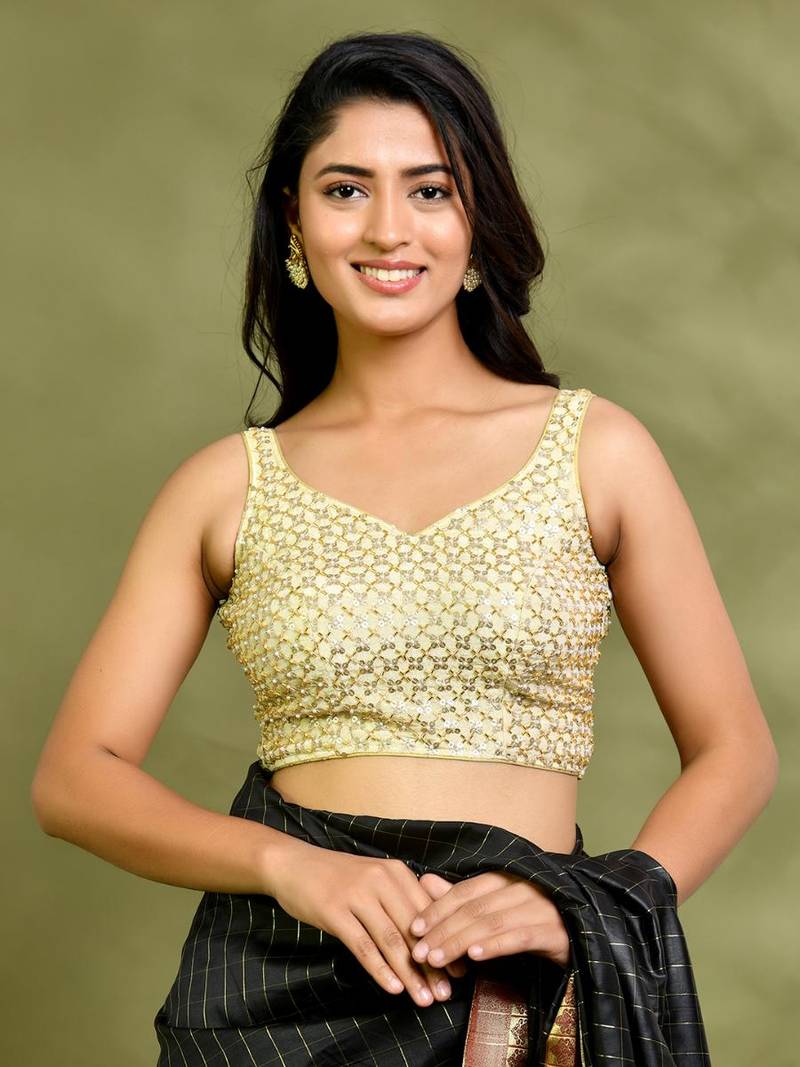 Amodini Designer Studio Golden Pearl Cutdana Sleeveless Padded Blouse