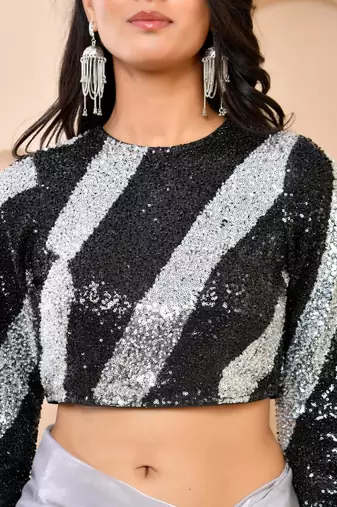 Silver & Black Cutdana Sequined Padded Blouse