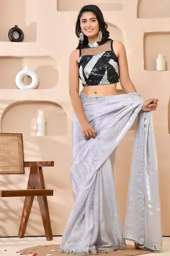 Silver & Black Cutdana Sequined Band Collar Sleeveless Padded Blouse