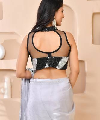 Silver & Black Cutdana Sequined Band Collar Sleeveless Padded Blouse 3
