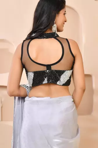 Silver & Black Cutdana Sequined Band Collar Sleeveless Padded Blouse