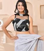 Silver & Black Cutdana Sequined Band Collar Sleeveless Padded Blouse