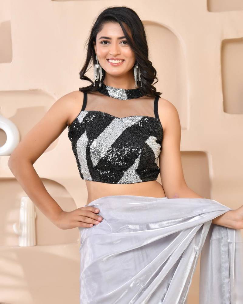 Amodini Designer Studio Silver & Black Cutdana Sequined Band Collar Sleeveless Padded Blouse