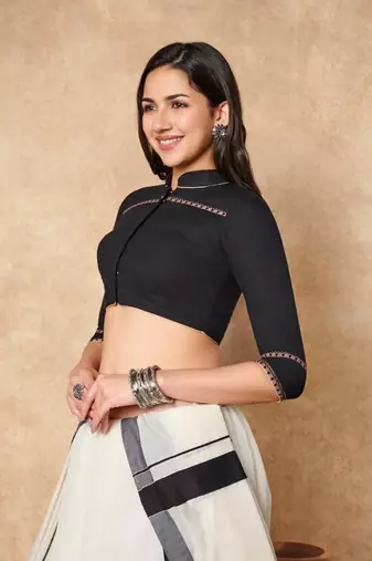 Black Pure Cotton Collared Neck Readymade Blouse