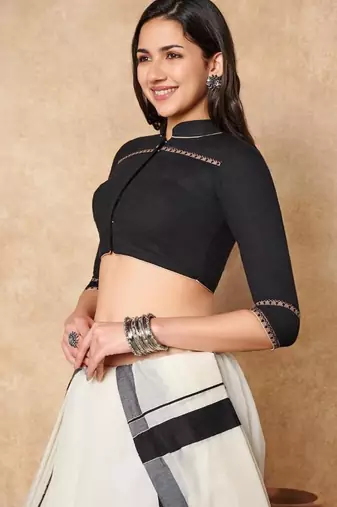Black Pure Cotton Collared Neck Readymade Blouse