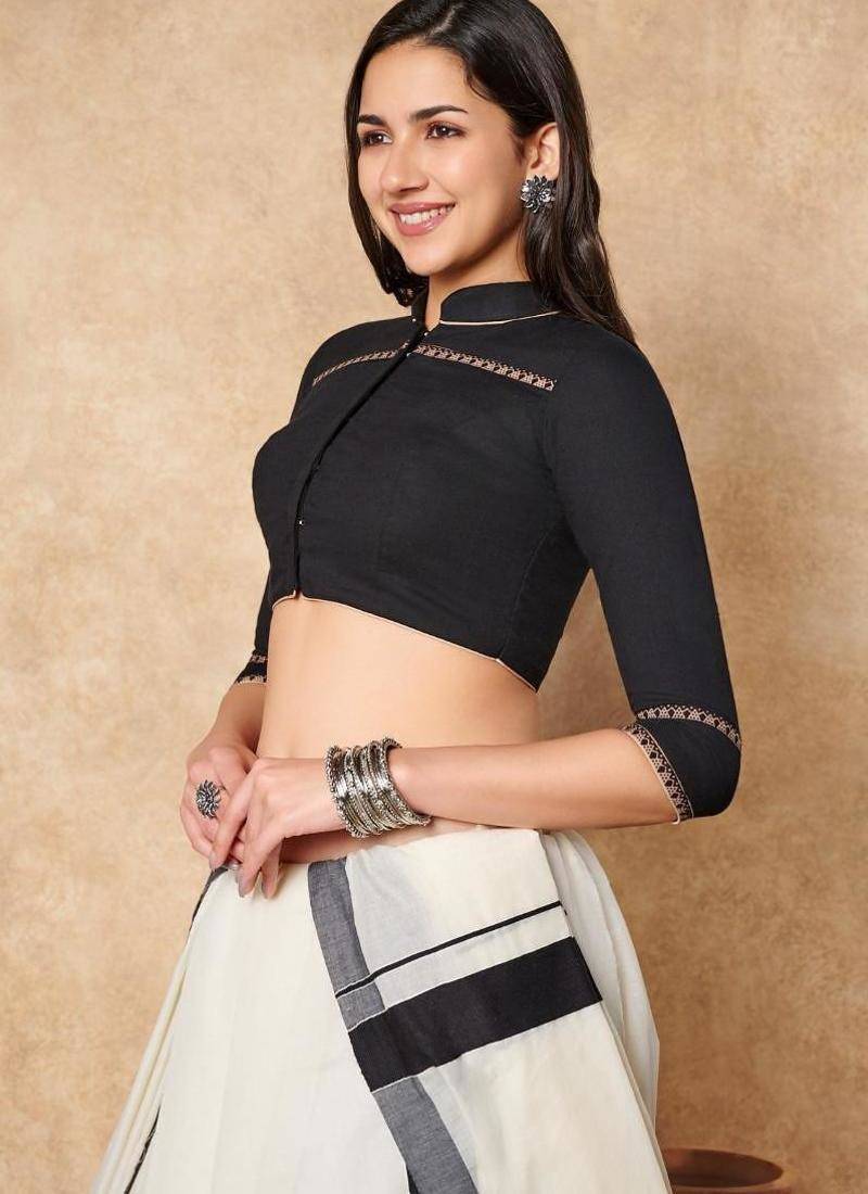 Black Pure Cotton Collared Neck Readymade Blouse