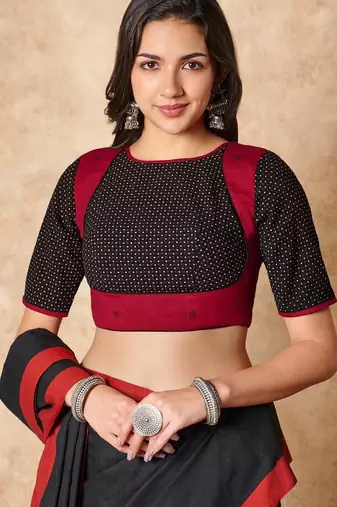 Black & Red Pure Cotton Round Neck Readymade Blouse