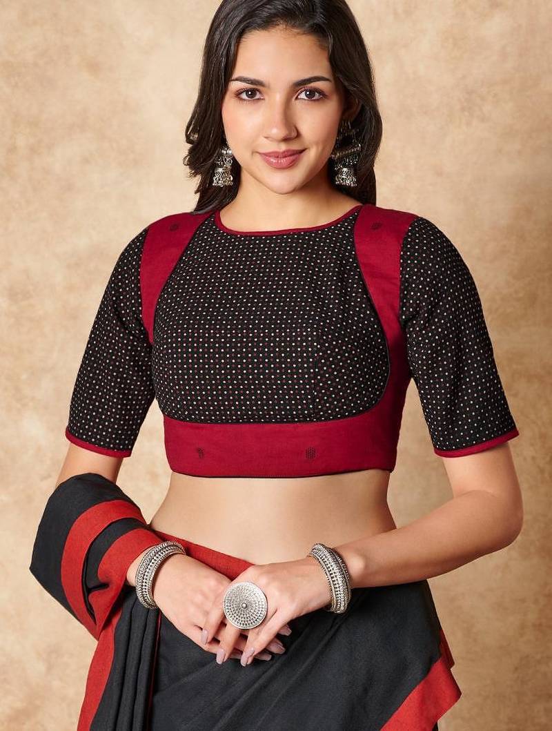 Black & Red Pure Cotton Round Neck Readymade Blouse