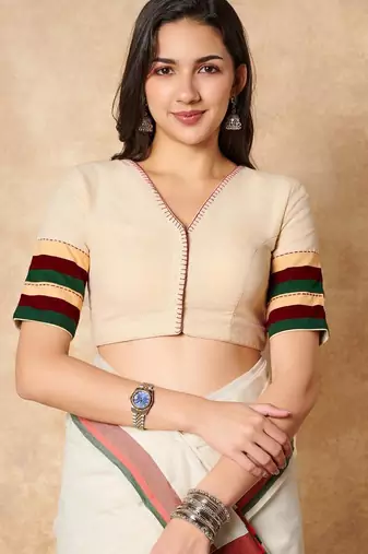 Cream Pure Cotton V Neck Readymade Blouse