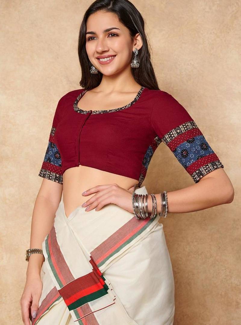 Maroon Pure Cotton Round Neck Readymade Blouse