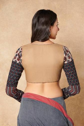 Beige Pure Cotton Readymade Blouse With Hand Block Printed Ajrakh Sleeves