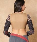 Beige Pure Cotton Readymade Blouse With Hand Block Printed Ajrakh Sleeves