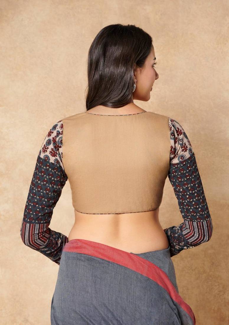 Beige Pure Cotton Readymade Blouse With Hand Block Printed Ajrakh Sleeves