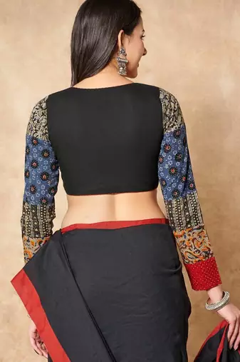 Black Pure Cotton Readymade Blouse With Hand Block Printed Ajrakh Sleeves