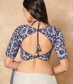 Off White-Blue Batik Hand Block Printed Pure Cotton V Neck Readymade Blouse