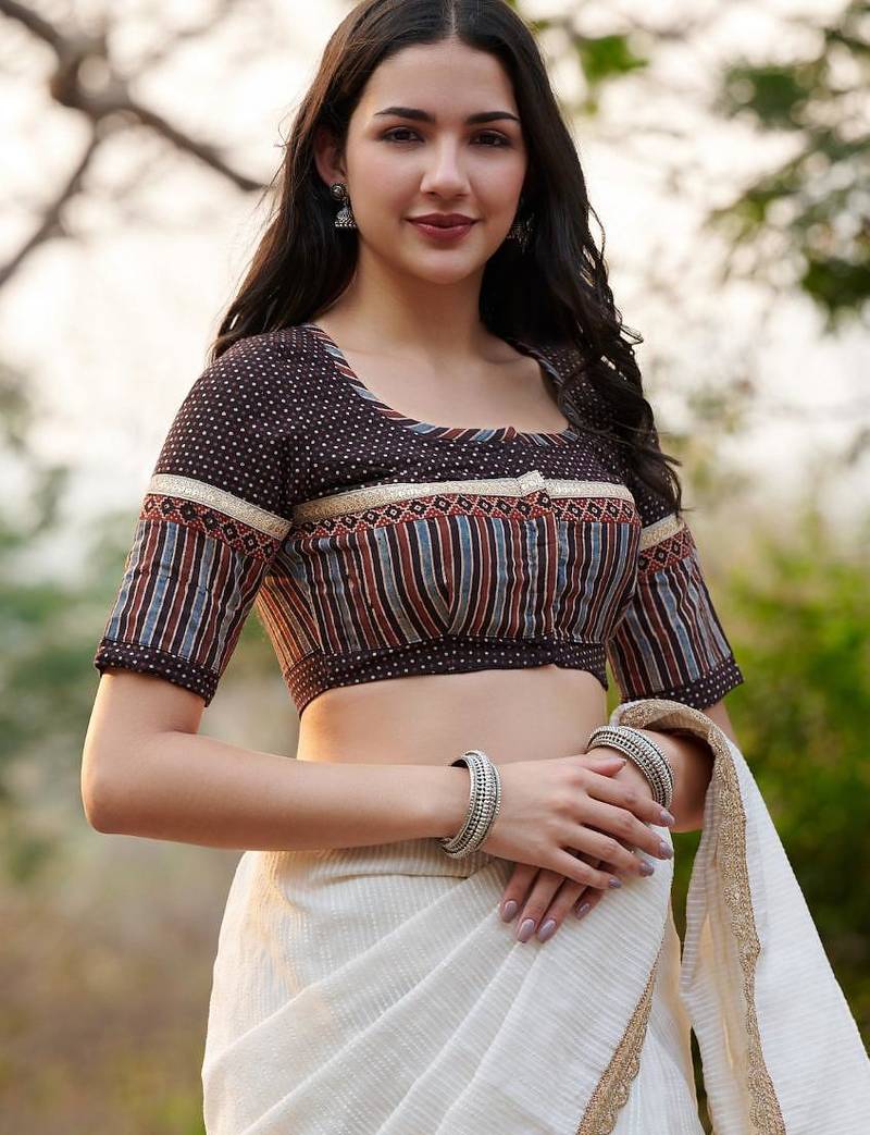 Black Hand Block Printed Ajrakh Pure Cotton Round Neck Readymade Blouse