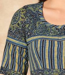 Green Hand Block Printed Ajrakh Pure Cotton Round Neck Readymade Blouse