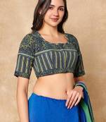 Green Hand Block Printed Ajrakh Pure Cotton Round Neck Readymade Blouse