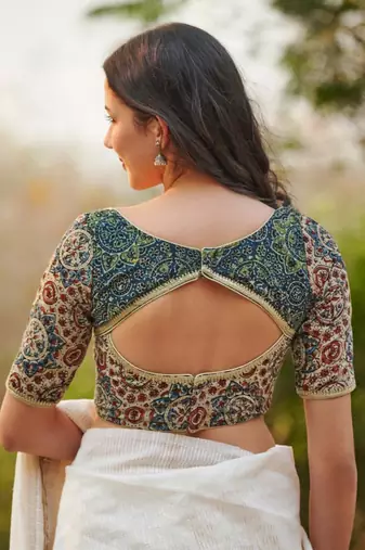 Beige Hand Block Printed Ajrakh Pure Cotton Sweetheart Neck Readymade Blouse