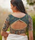 Beige Hand Block Printed Ajrakh Pure Cotton Sweetheart Neck Readymade Blouse