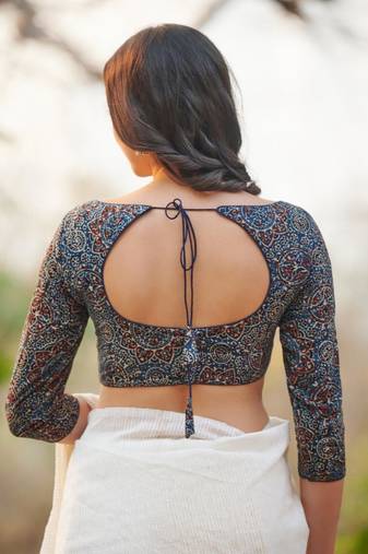 Blue Hand Block Printed Ajrakh Pure Cotton Readymade Blouse