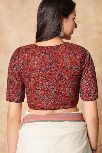 Maroon Hand Block Printed Ajrakh Pure Cotton Round Neck Readymade Blouse
