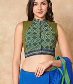 Green Batik Hand Block Printed Pure Cotton Stand Collar Readymade Blouse