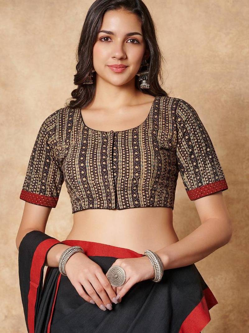 Beige-Black Hand Block Printed Ajrakh Pure Cotton Round Neck Readymade Blouse