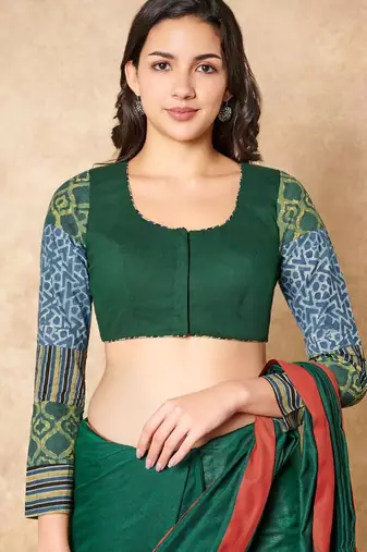 Green Pure Cotton Readymade Blouse With Hand Block Printed Ajrakh Sleeves