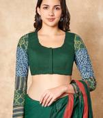 Green Pure Cotton Readymade Blouse With Hand Block Printed Ajrakh Sleeves