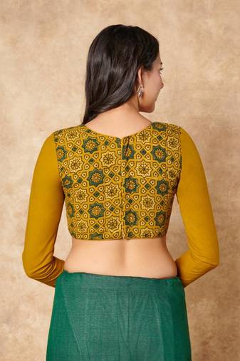 Yellow Hand Block Printed Ajrakh Pure Cotton Round Neck Readymade Blouse